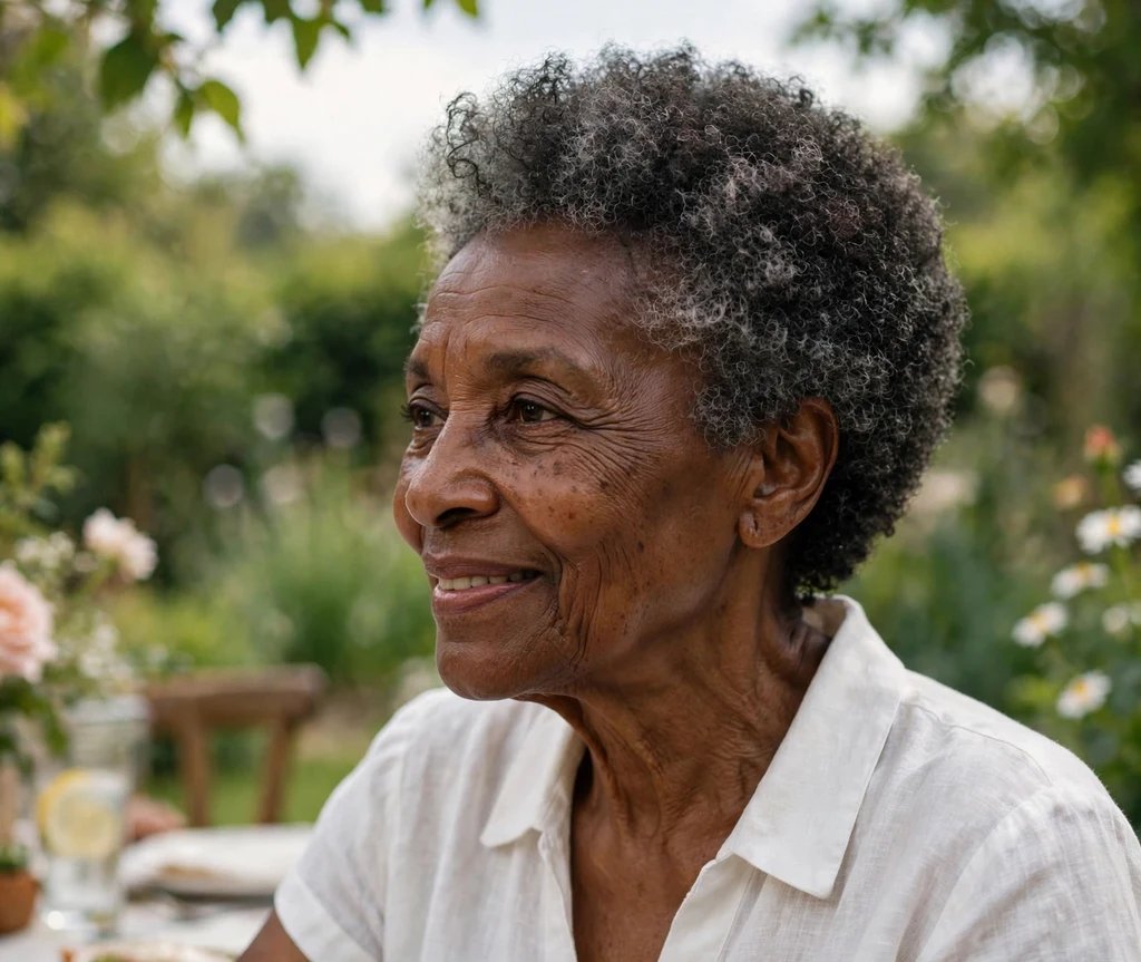 Black woman in her late 60s with an elegant short afro