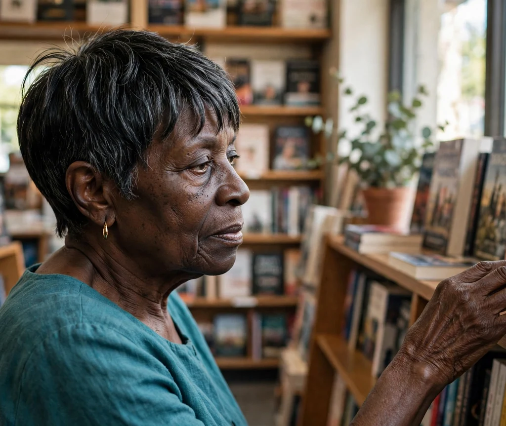 Black woman in her mid 60s with a short pixie and swept fringe