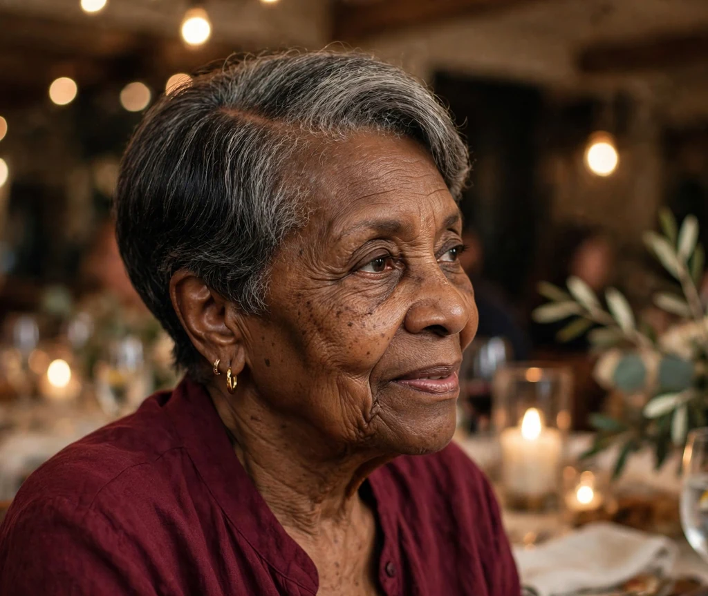 Black woman in her late 60s with an elegant short cut and deep side part
