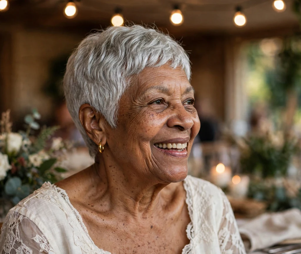 Black woman in her mid 70s with a timeless silver pixie cut