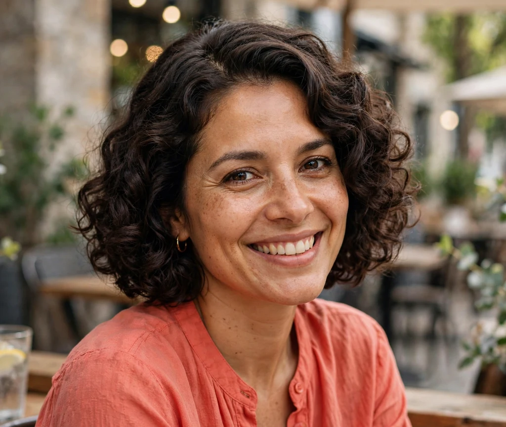 Woman with a chin-length dark brown curly bob and a soft side part