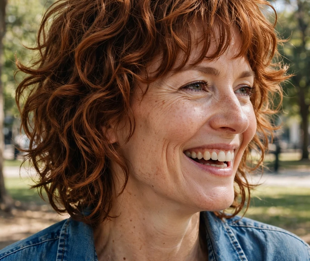 Woman with an auburn curly shag haircut and playful layered bangs