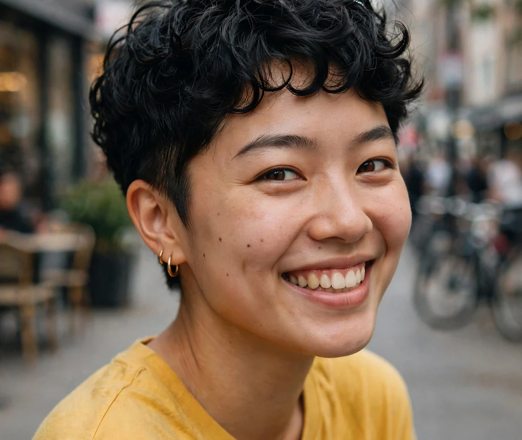 Young woman with a tapered short curly pixie haircut