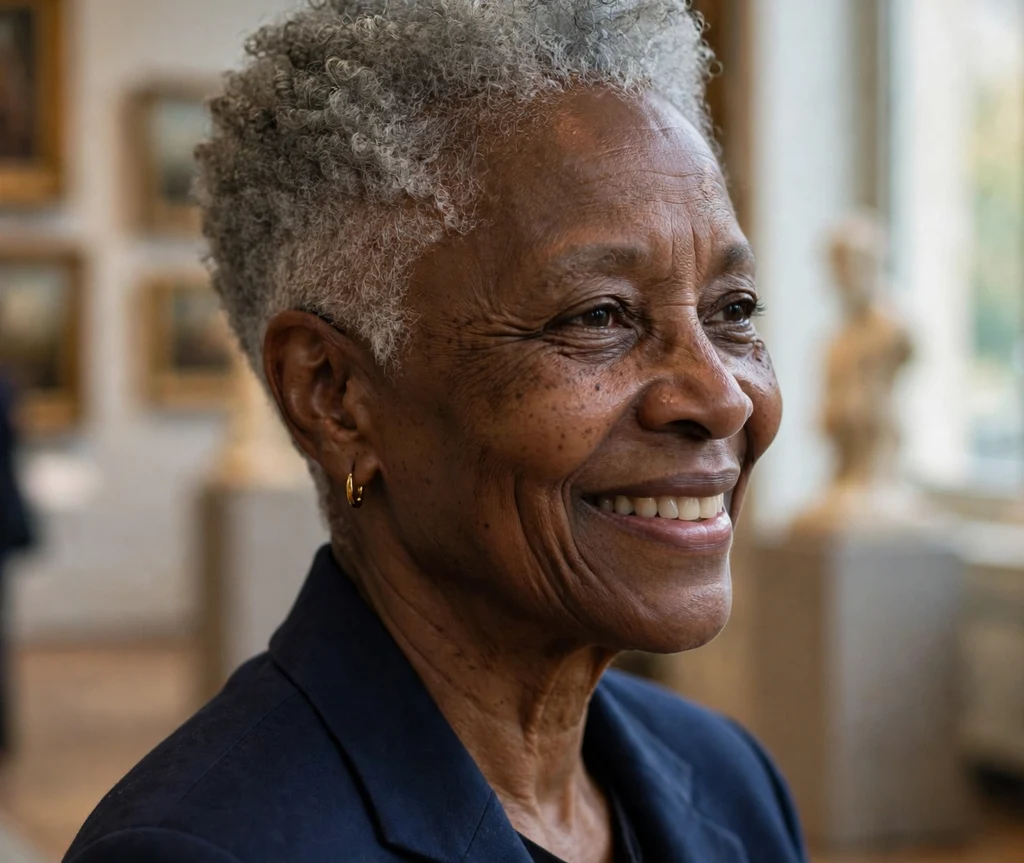 Elegant older woman with a silver tapered natural curly haircut