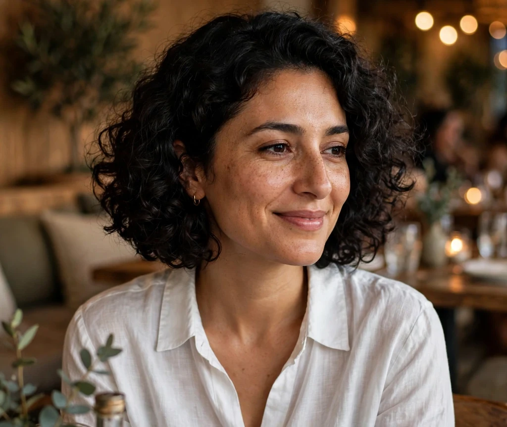 Woman with a voluminous chin-length black curly bob
