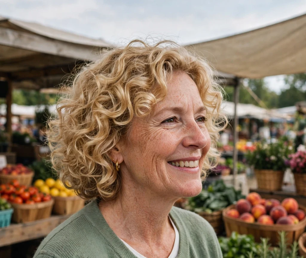 Woman with a bouncy blonde curly bob hairstyle