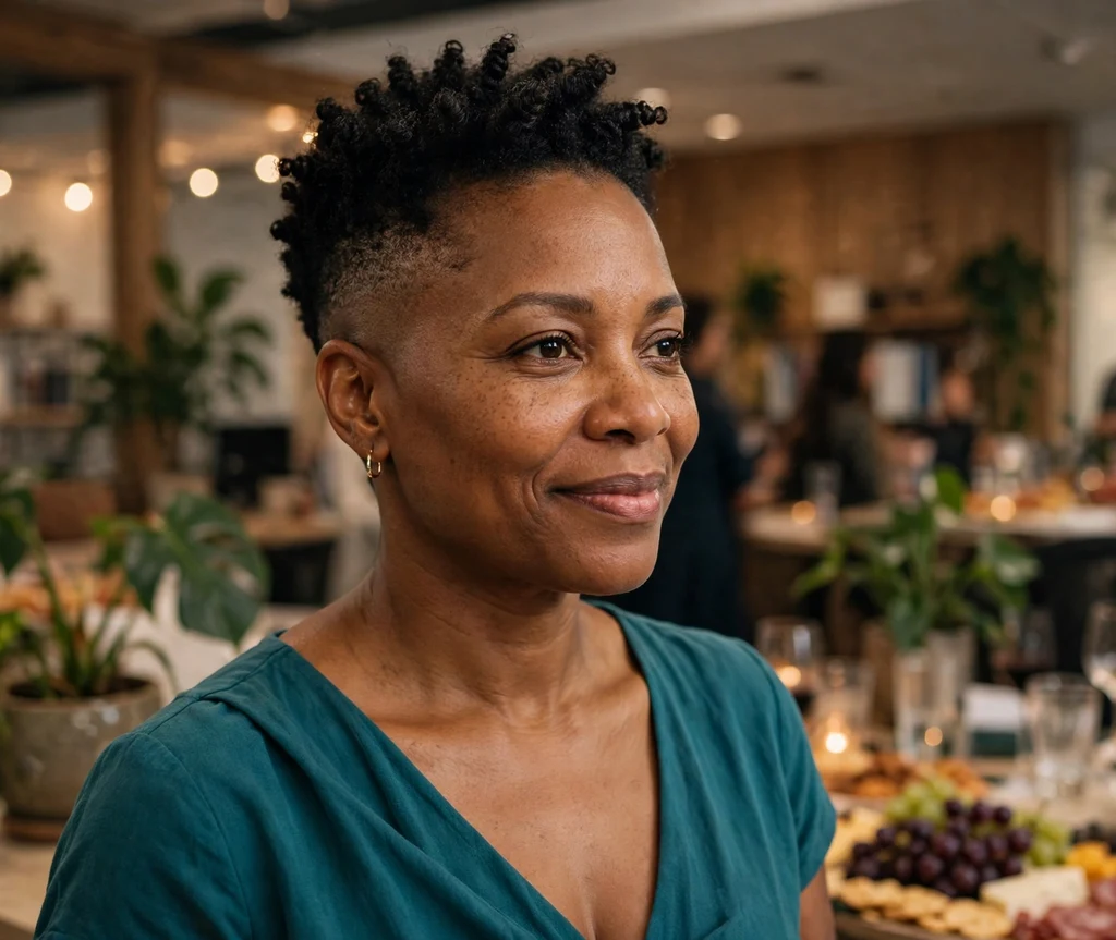Woman with neat finger coils in a tapered short haircut