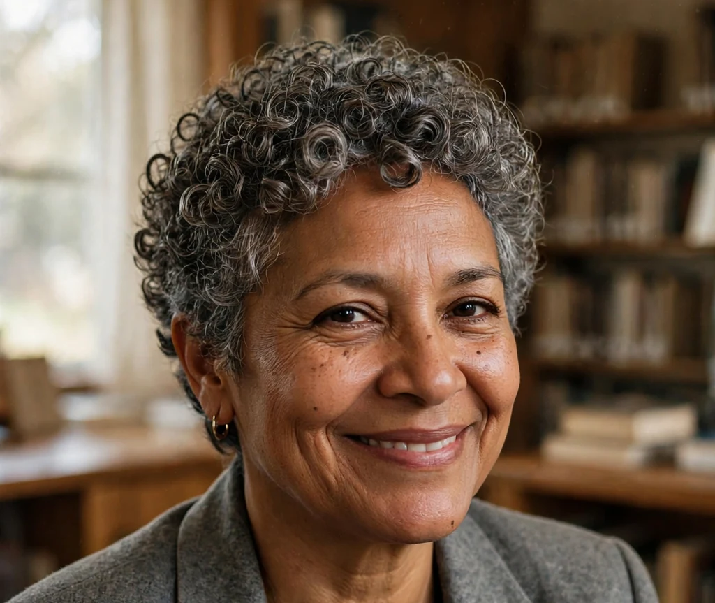Woman with a salt-and-pepper short curly pixie haircut