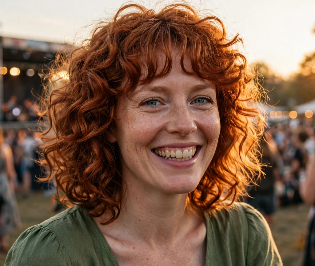 Woman with a redhead curly shag and curtain bangs