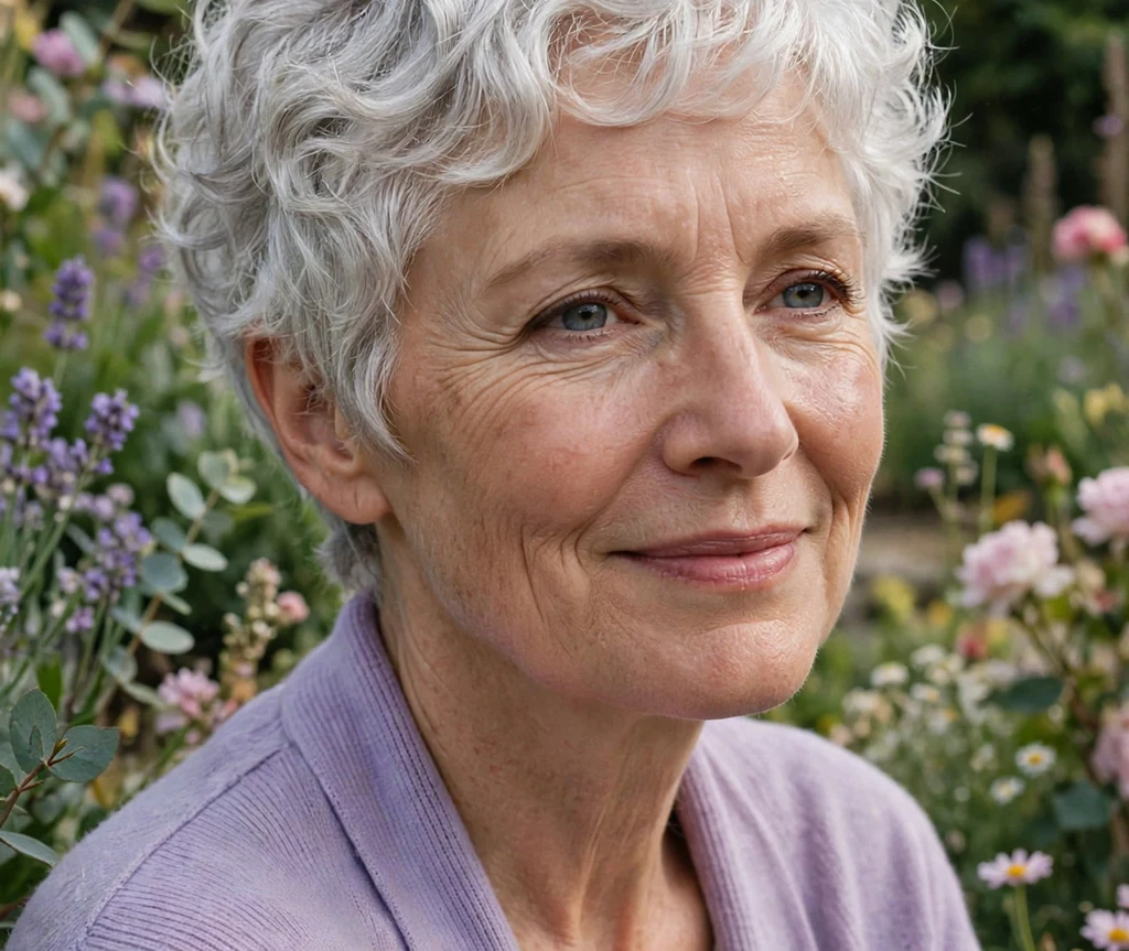 Older woman with a soft silver curly pixie haircut