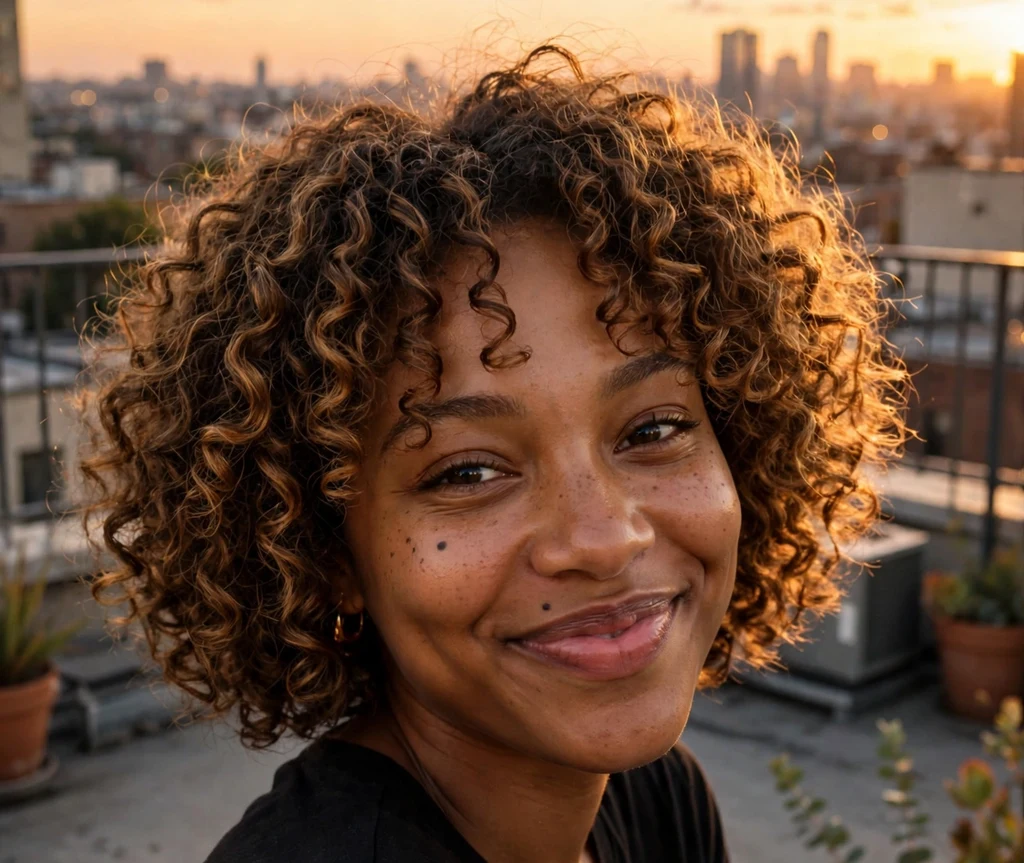 Woman with honey-highlighted curls in a chin-length bob