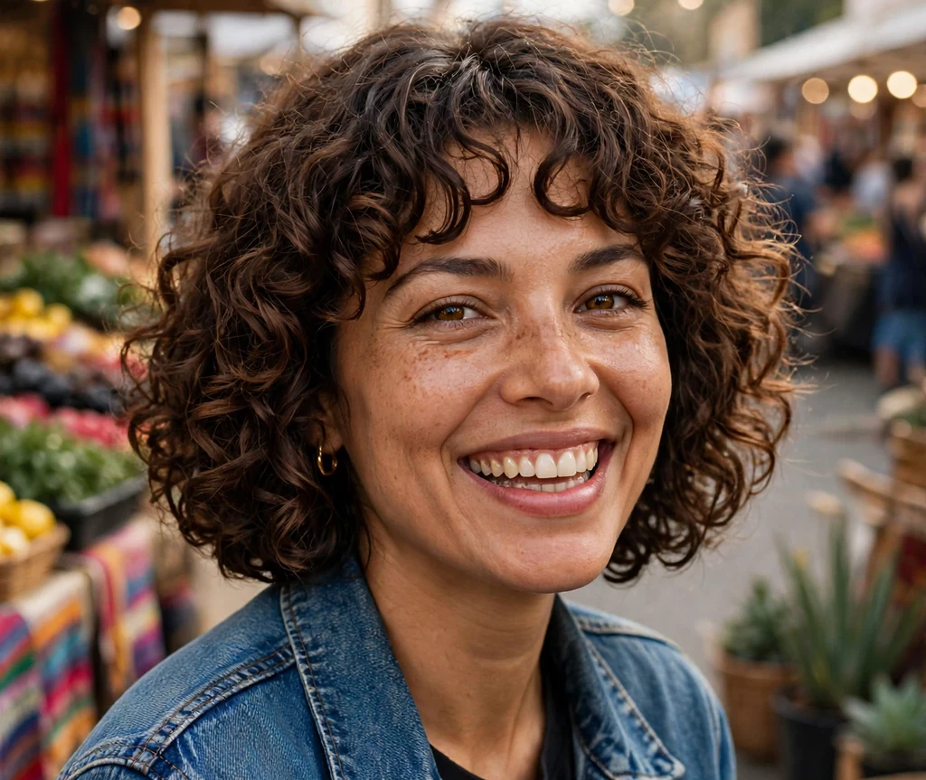 Woman with a curly bob and soft curly bangs