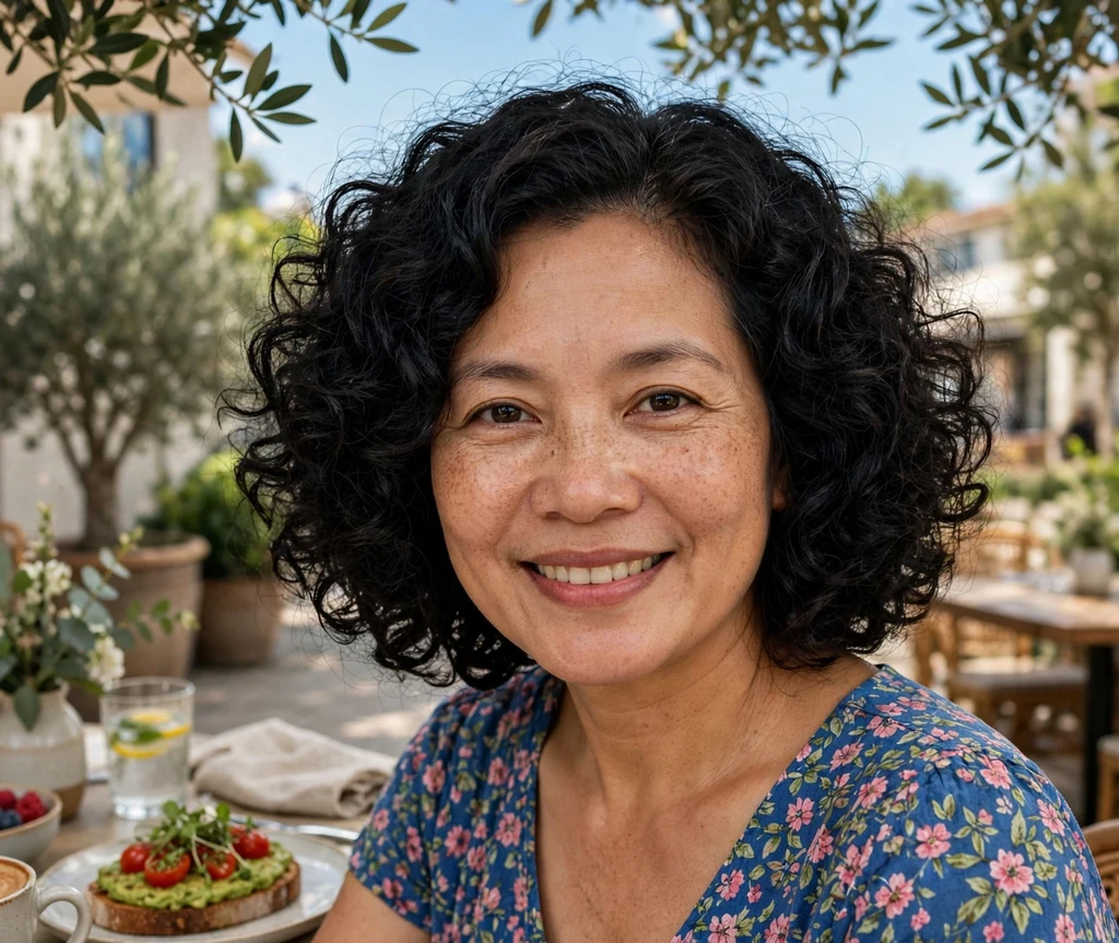 Woman with a big voluminous black curly bob
