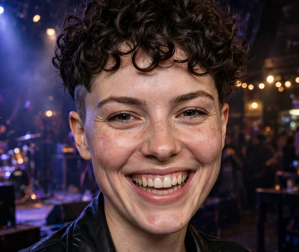 Woman with an edgy undercut curly pixie haircut