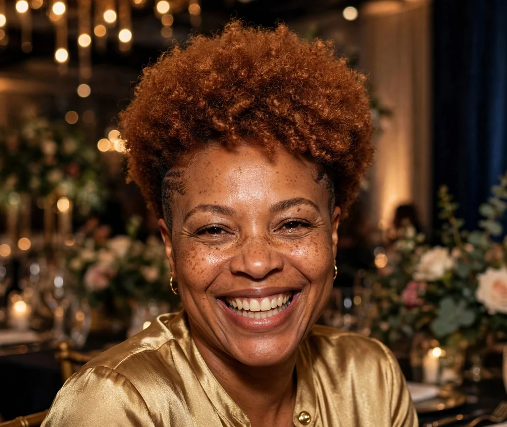 Woman with a copper-colored tapered afro hairstyle