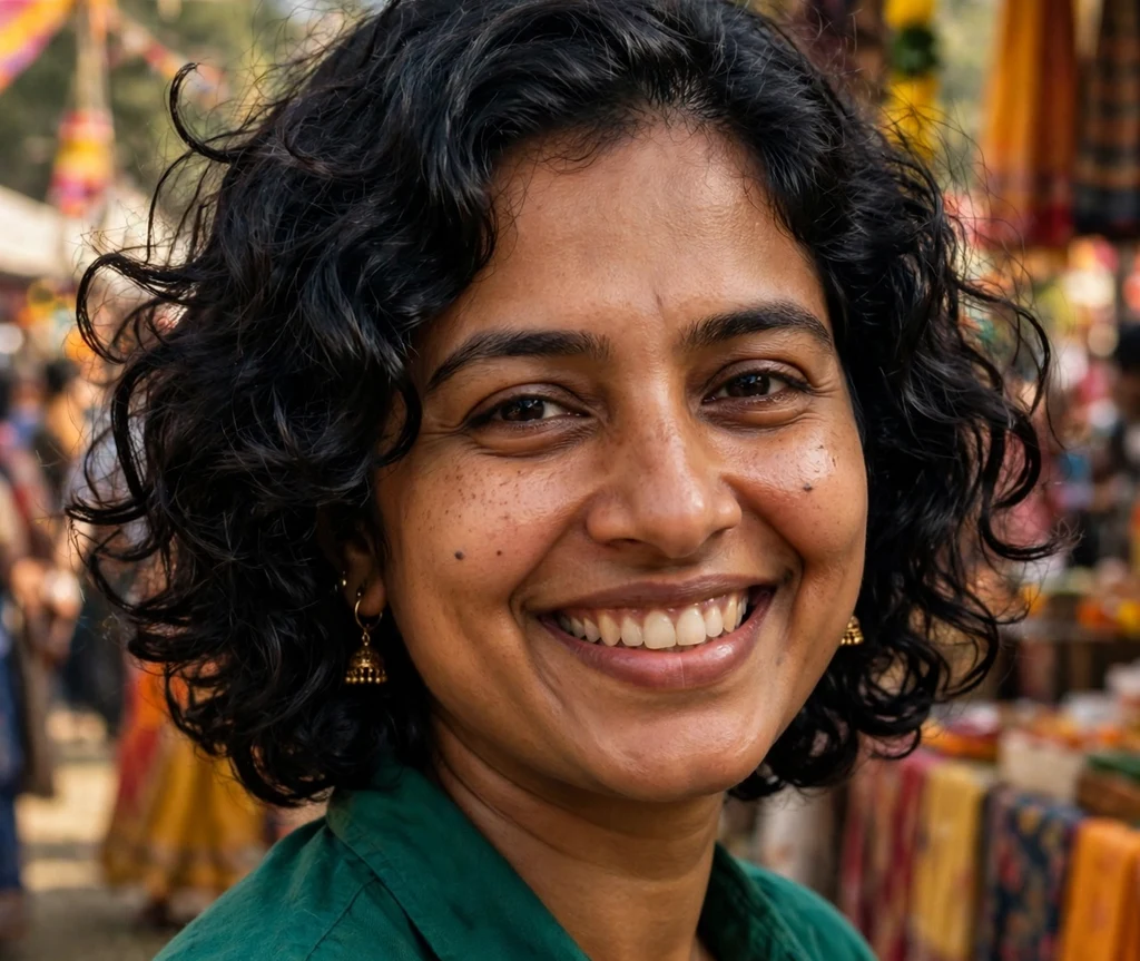 Woman with a glossy shoulder-short curly bob
