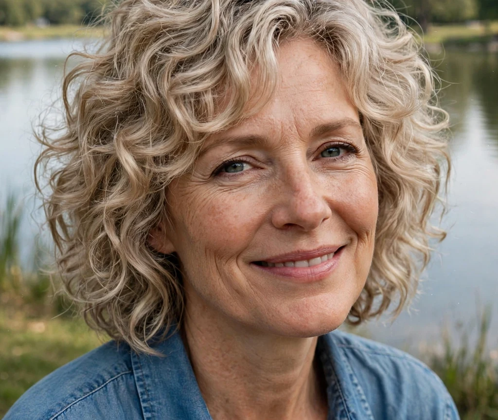 Woman with a textured ash blonde curly shag haircut