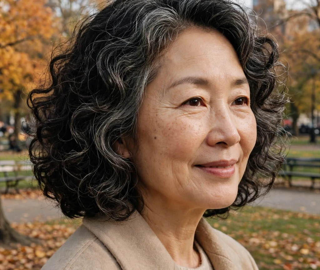 Woman with a curly bob featuring natural gray streaks