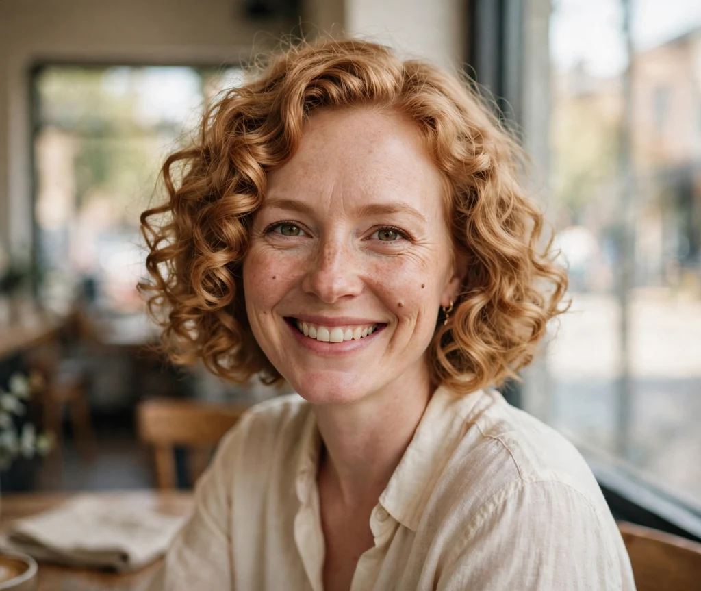 Woman with a strawberry blonde ringlet bob