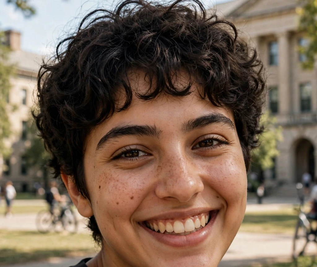 Young woman with a curly pixie haircut and soft bangs