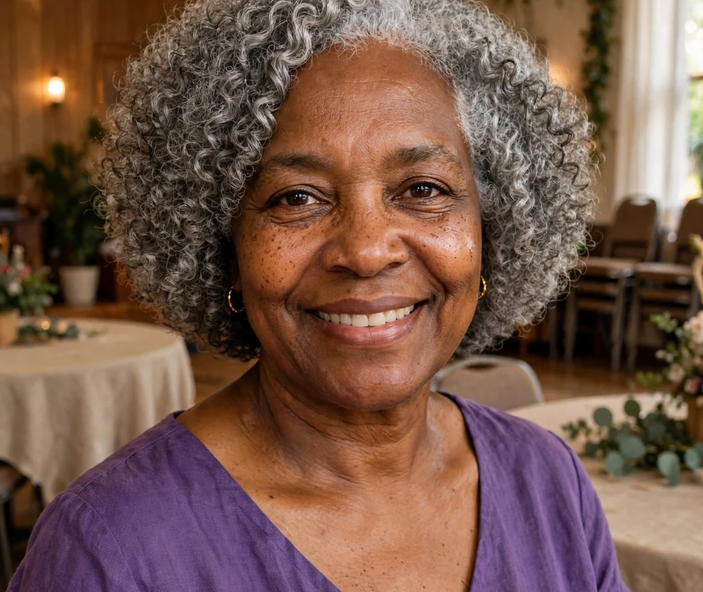 Woman with a beautiful gray short curly bob