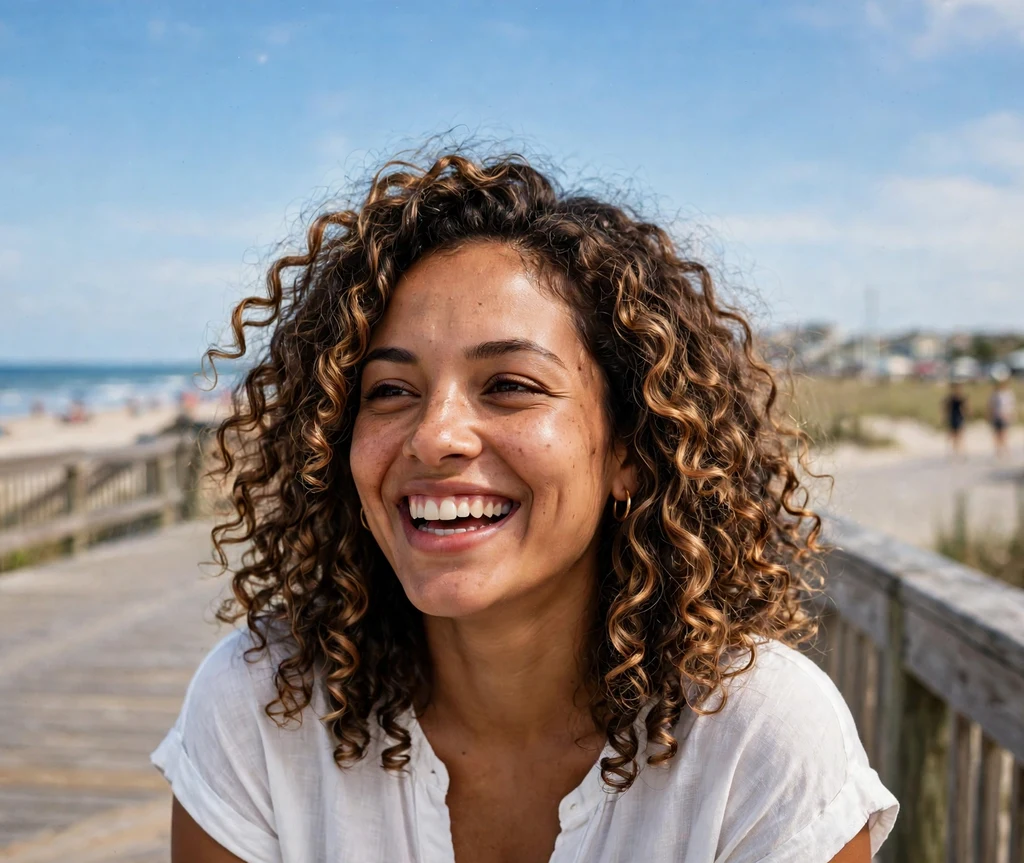 Woman with sun-kissed balayage curls in a short curly lob
