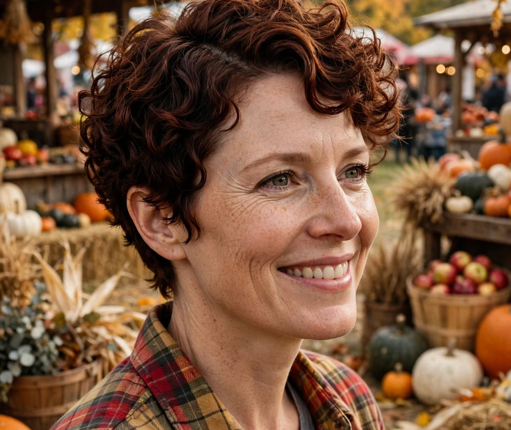 Woman with a curly pixie haircut and a deep side part