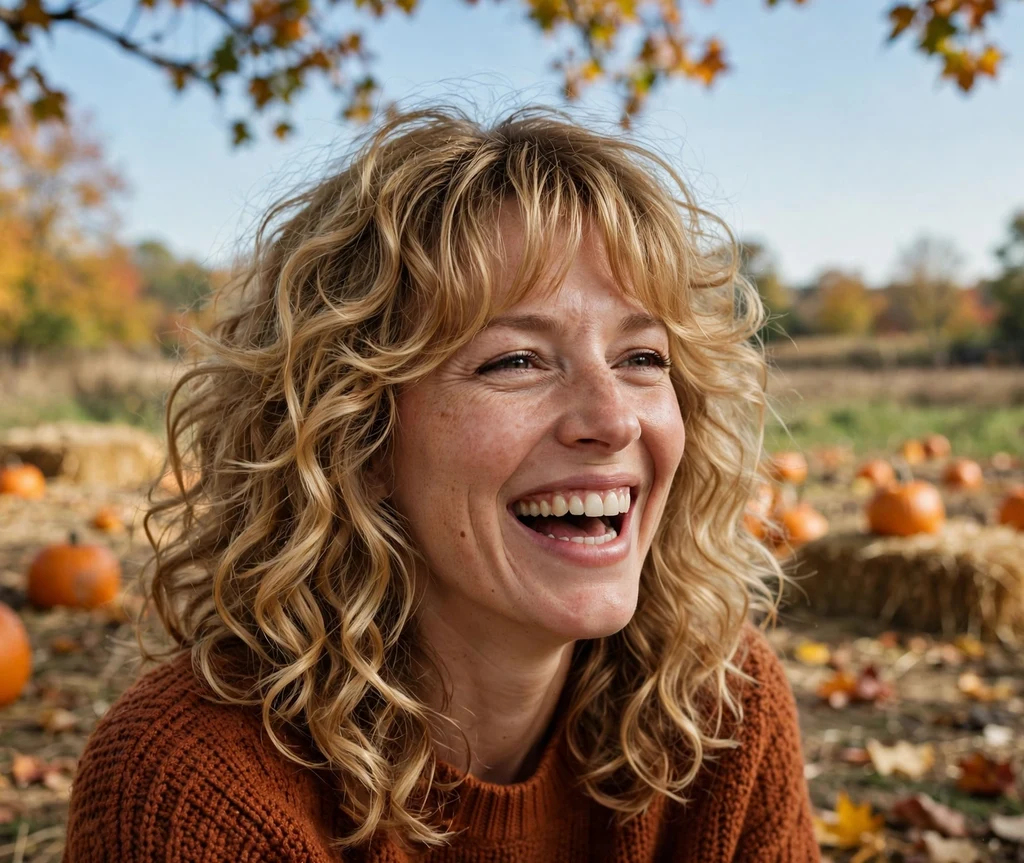 Woman with a honey blonde curly shag and curtain bangs