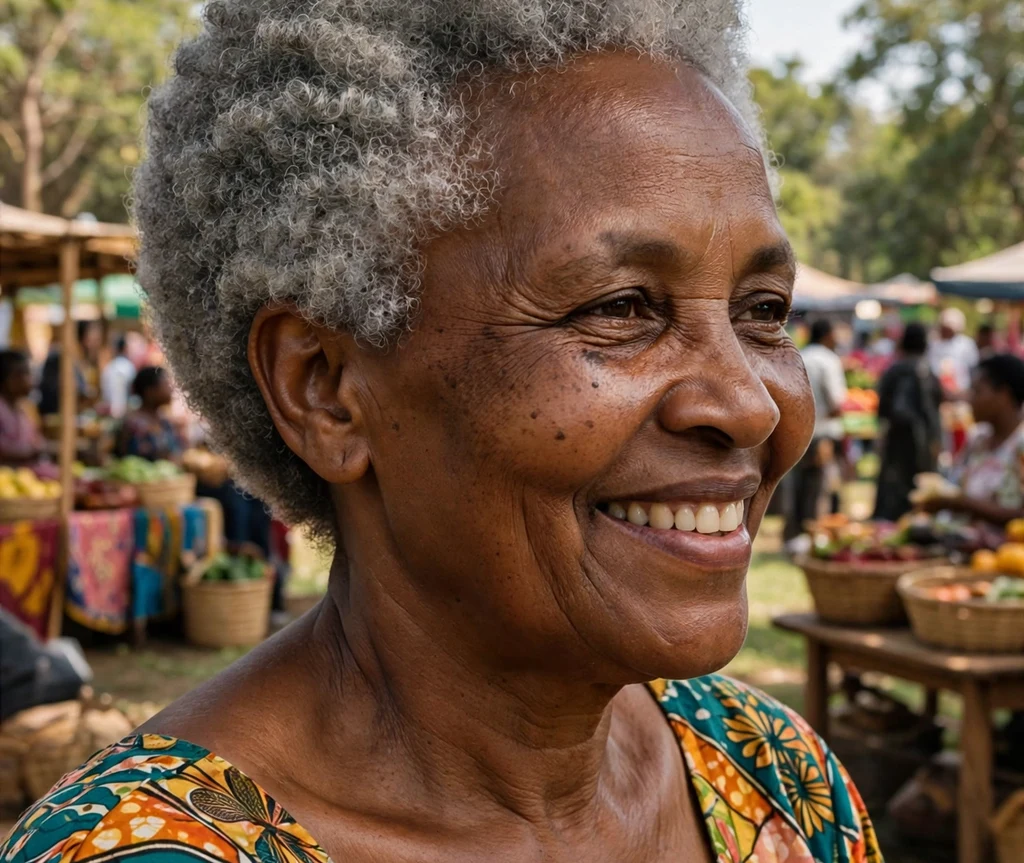 Older woman with a neat silver natural coily haircut