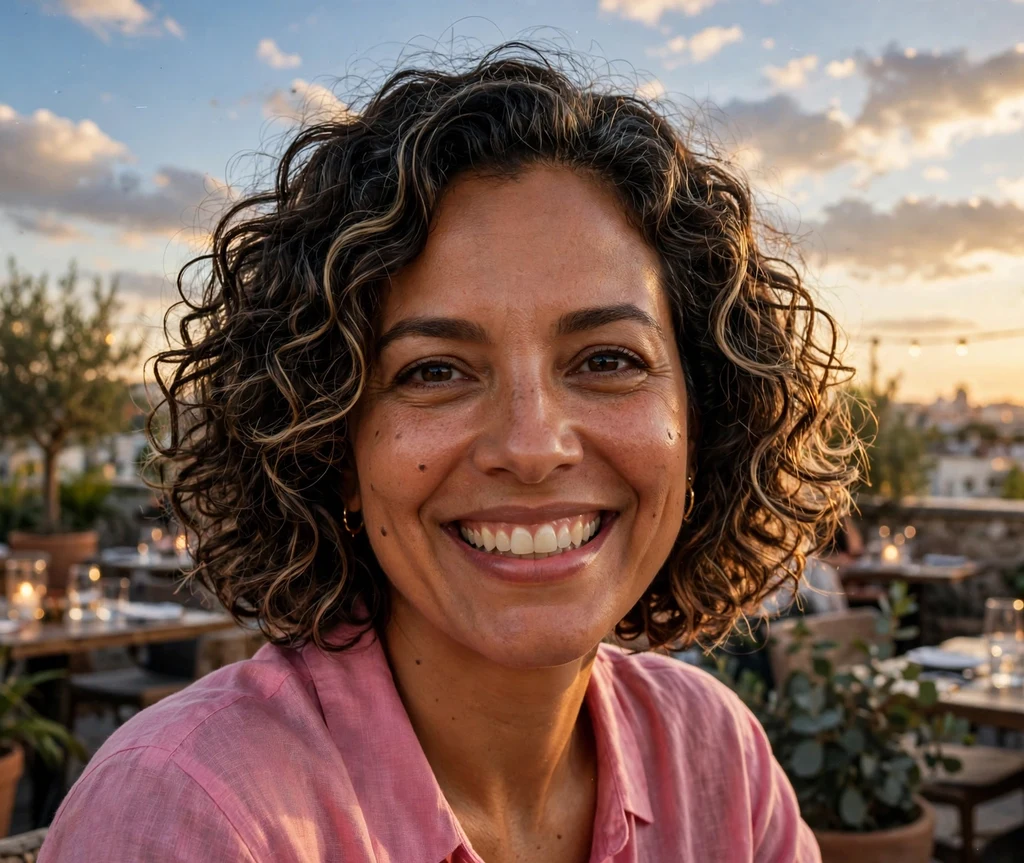Woman with a dimension-rich highlighted curly bob