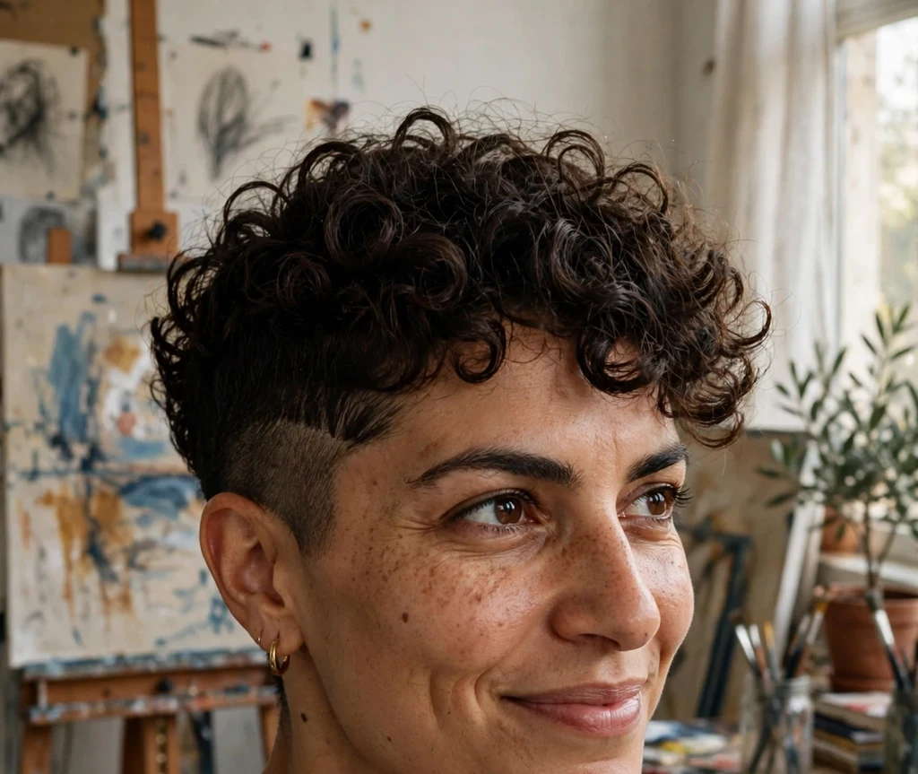 Woman with a curly pixie haircut featuring a shaved side