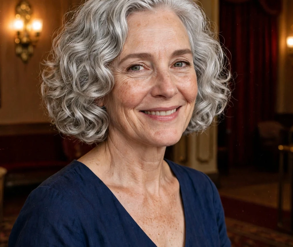 Woman with a luminous silver curly bob hairstyle
