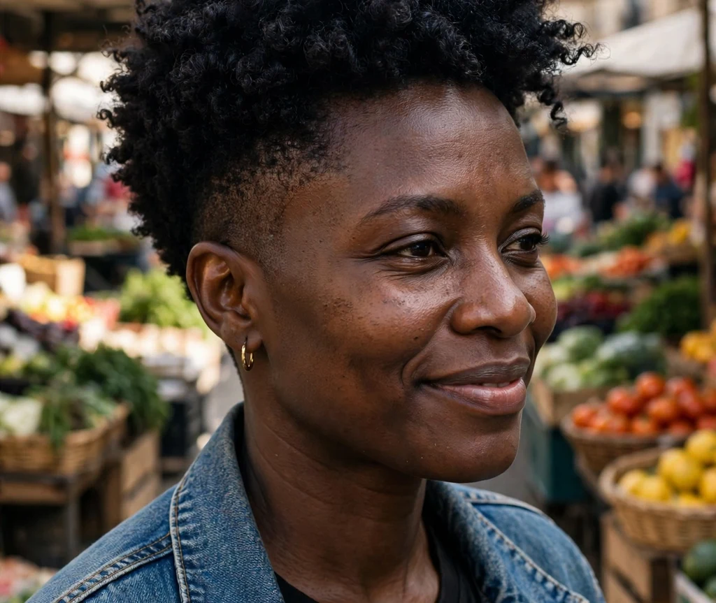 Woman with a jet black wash-and-go tapered curly haircut