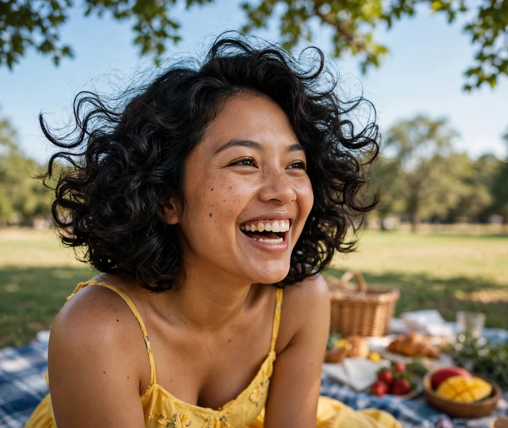 Woman with a big bouncy voluminous curly bob