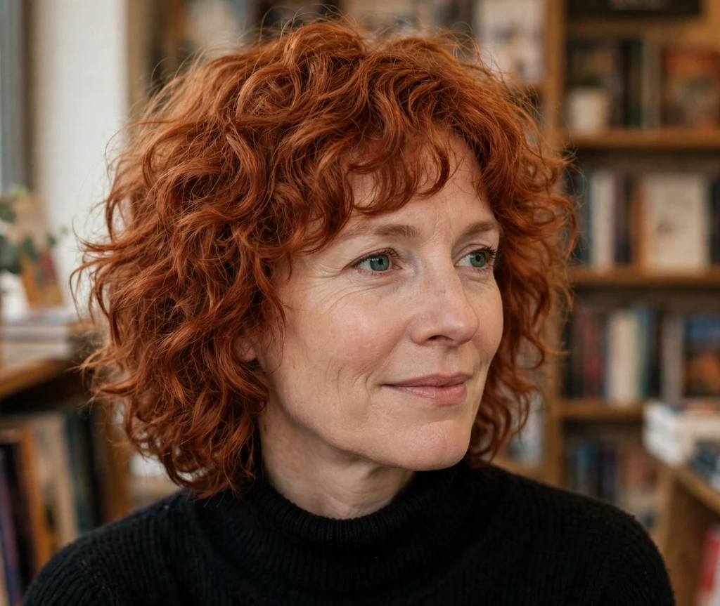 Woman with a warm copper curly shag haircut