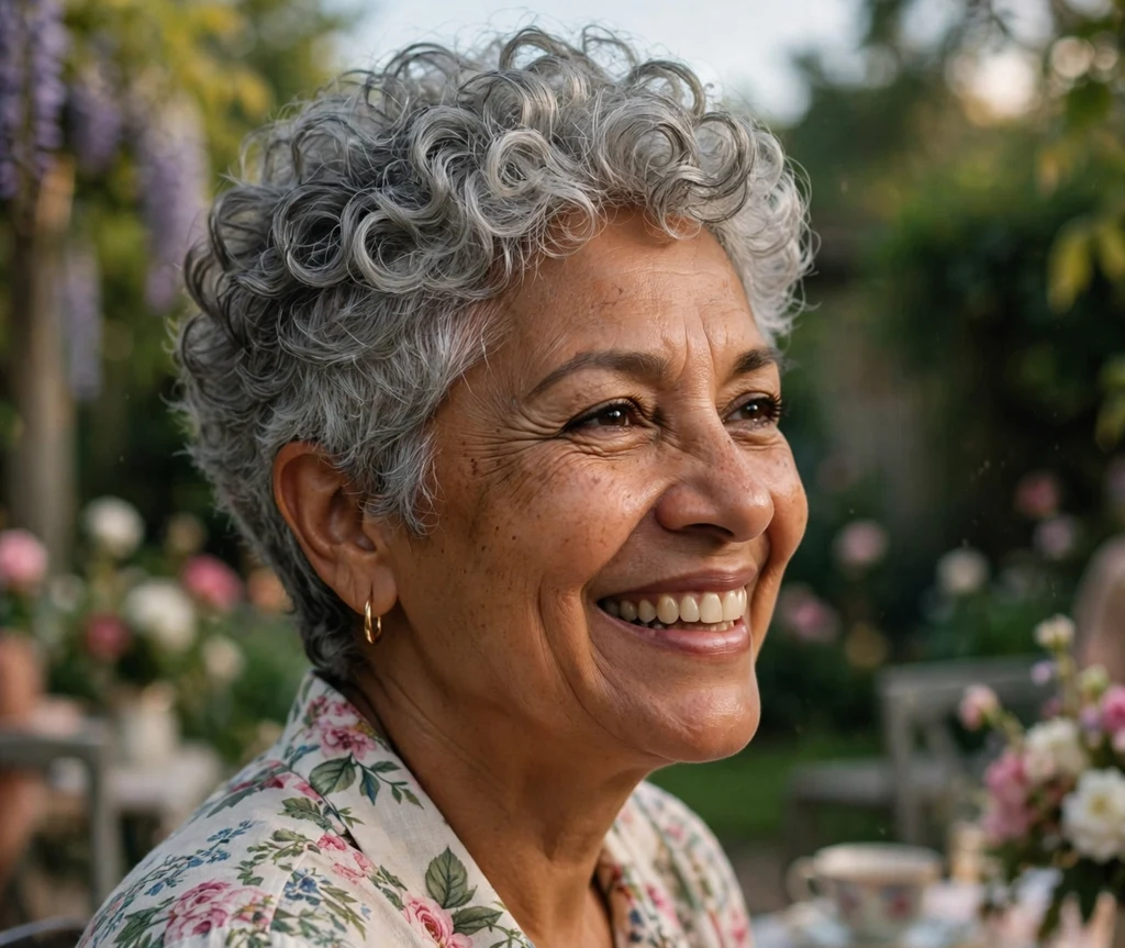 Older woman with a modern silver curly pixie haircut