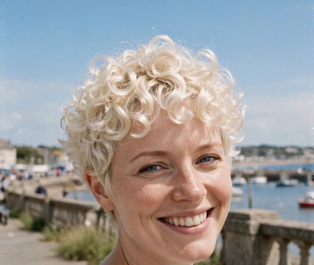 Woman with a bright platinum blonde curly pixie haircut