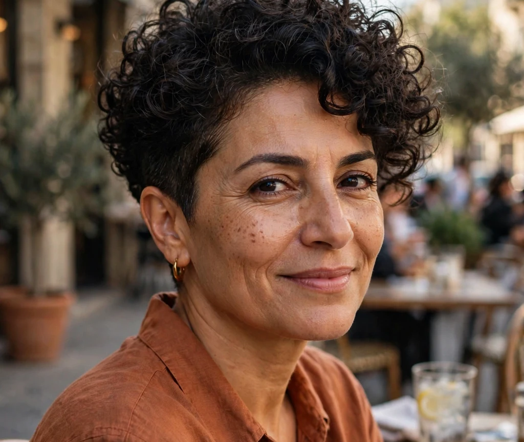 Woman with a voluminous tapered curly haircut
