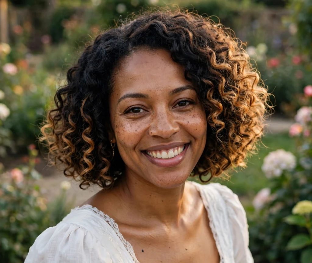 Woman with a two-tone curly bob with caramel tips
