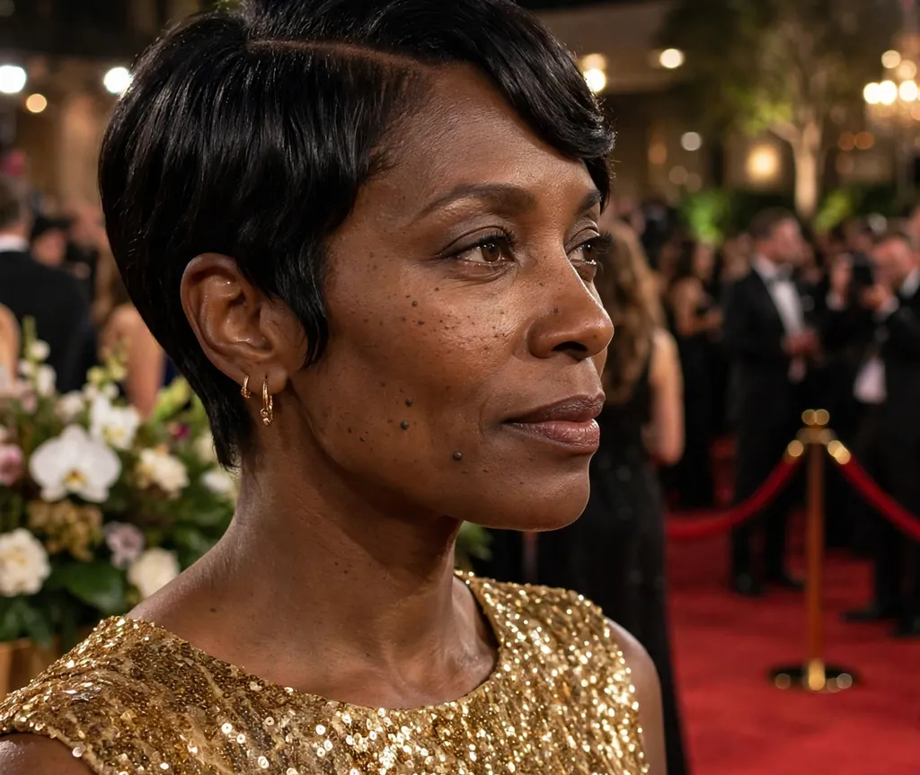 Black woman in her 40s with a sleek side-parted pixie wearing a gold sequin cocktail dress at a gala
