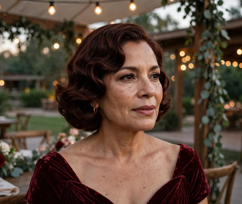Latina woman in her 50s with a classic Hollywood wave bob in dark auburn hair wearing a burgundy velvet gown at a wedding venue