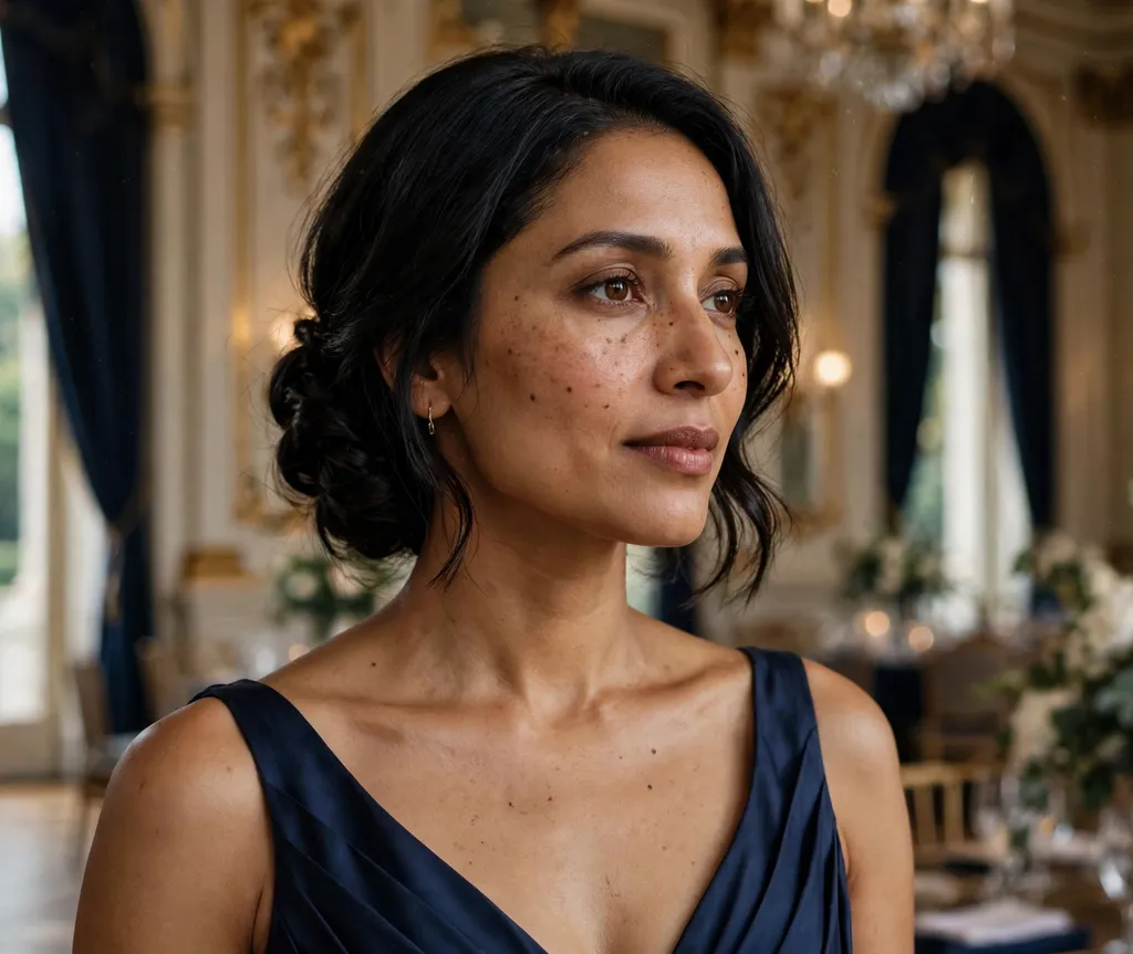 South Asian woman in her 30s with a twisted low chignon on chin-length hair wearing a navy evening gown in a ballroom