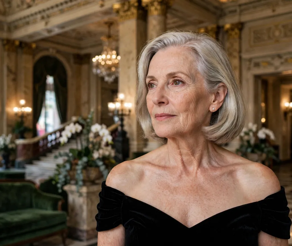 Older white woman in her 60s with a silver-blonde deep side part bob wearing a black off-shoulder evening gown at an opera house