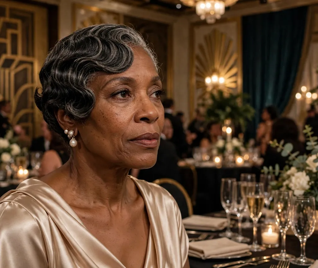 Black woman in her 50s with a vintage finger wave pixie wearing a champagne satin dress at a jazz-age gala