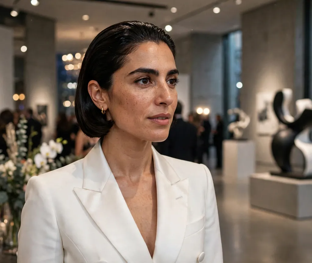 Middle Eastern woman in her 30s with a polished slicked-back dark bob wearing a white tuxedo-style gown at a modern art museum gala