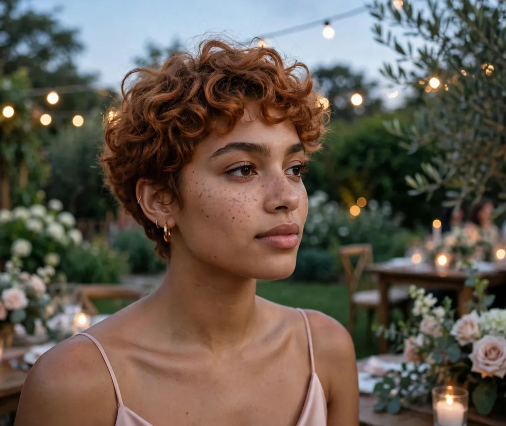 Young mixed-race woman in her 20s with a romantic curly copper pixie wearing a blush-pink cocktail dress at a garden party