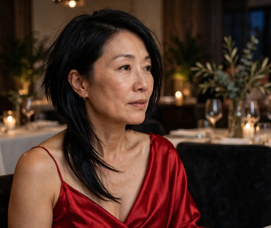 East Asian woman in her 40s with an asymmetric jet-black bob wearing a red silk gown at an elegant restaurant