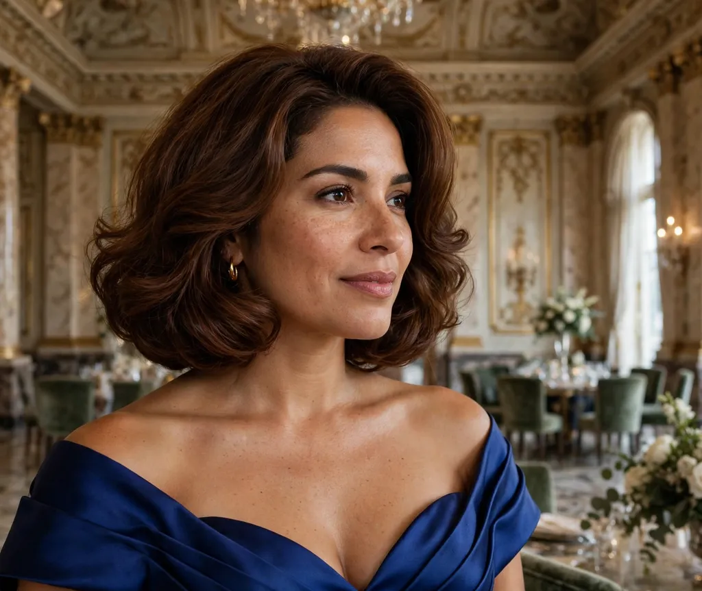 Latina woman in her 30s with a voluminous chestnut glamour bob wearing a royal-blue evening gown in a ballroom