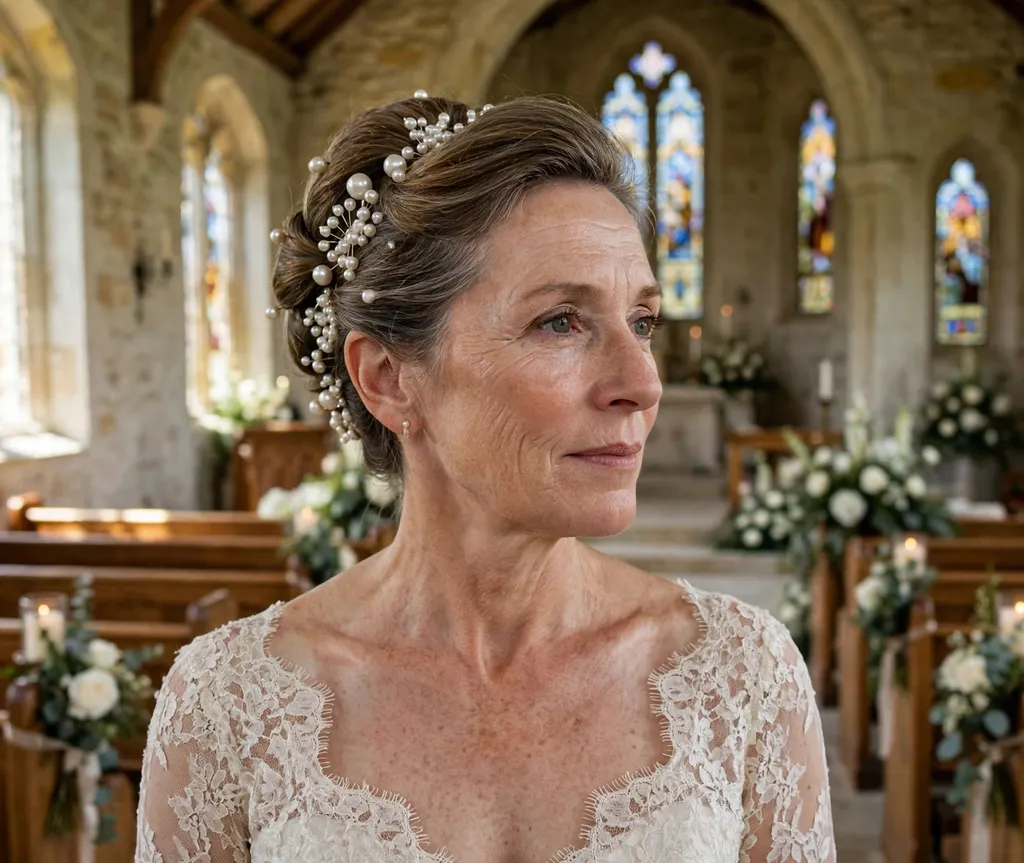 White woman in her 50s with a pearl-adorned pinned short updo wearing an ivory lace gown at a wedding venue