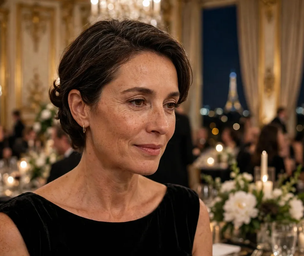French woman in her 40s with a mini French twist on short hair wearing a black velvet cocktail dress at a Parisian gala